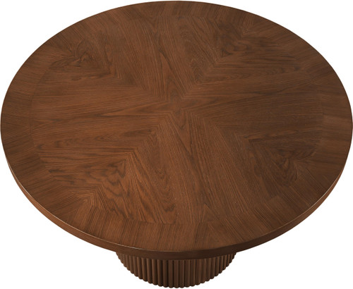 Mid-Century Modern Dining Table, Solid Wood Base, Brown Finish Oak Wood Veneer MDF Top, Round Top, Fluted Base, 48" W x 48" D x 31" H, Brown