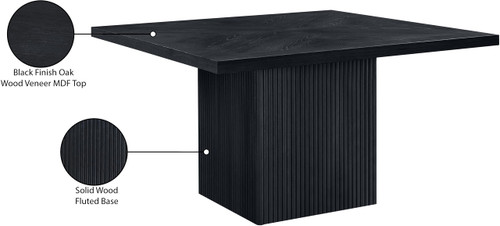 Mid-Century Modern Dining Table, Solid Wood Base, Black Finish Oak Wood Veneer MDF Top, Square Top, Fluted Base, 54" W x 54" D x 31" H, Black