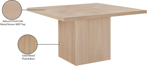 Mid-Century Modern Dining Table, Solid Wood Base, Natural Finish Oak Wood Veneer MDF Top, Square Top, Fluted Base, 54" W x 54" D x 31" H, Oak