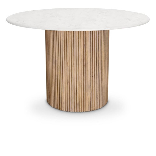 Dining Table with Natural White Oak Finish, Solid Mango Wood Base, Genuine Marble Top, Fluted Wood, 47" W x 47" D x 30" H, Natural