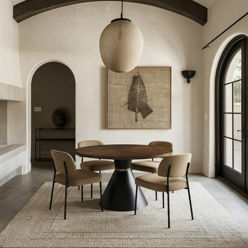 Brown Ashburl Wood Veneer Top Dining Table with Matte Black Metal Base and Gold Metal Band, Brown, 48" W x 48" D x 30" H