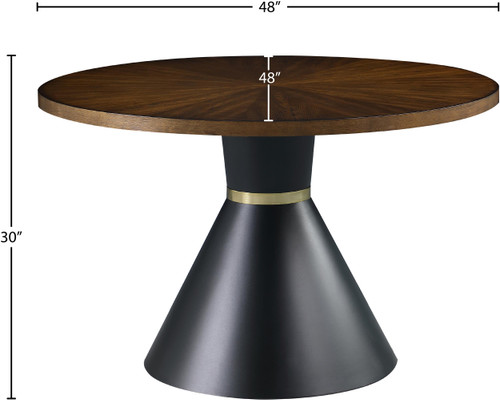 Brown Ashburl Wood Veneer Top Dining Table with Matte Black Metal Base and Gold Metal Band, Brown, 48" W x 48" D x 30" H