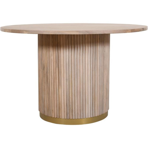 Dining Table with White Oak Finish, Solid Mango Wood, Brushed Gold Base, Fluted Wood, 48" W x 48" D x 30" H, Natural
