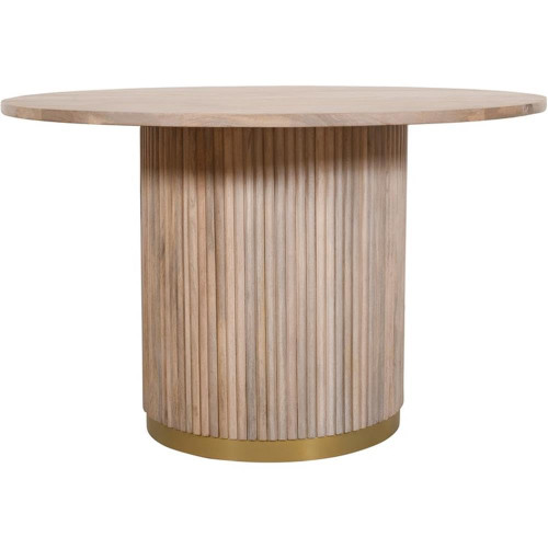 Dining Table with White Oak Finish, Solid Mango Wood, Brushed Gold Base, Fluted Wood, 48" W x 48" D x 30" H, Natural