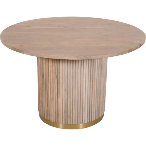 Dining Table with White Oak Finish, Solid Mango Wood, Brushed Gold Base, Fluted Wood, 48" W x 48" D x 30" H, Natural