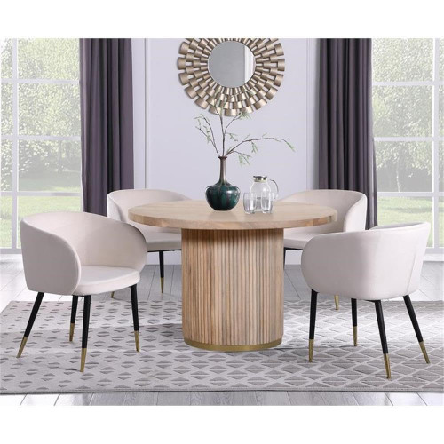 Dining Table with White Oak Finish, Solid Mango Wood, Brushed Gold Base, Fluted Wood, 48" W x 48" D x 30" H, Natural