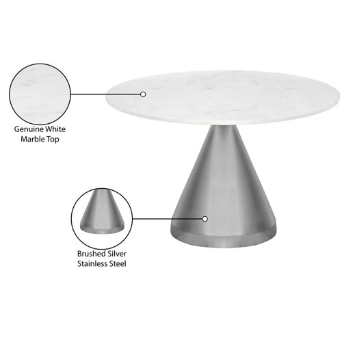 Dining Table with Brushed Silver Stainless Steel, Genuine White Marble Top, 48" W x 48" D x 30" H, Silver