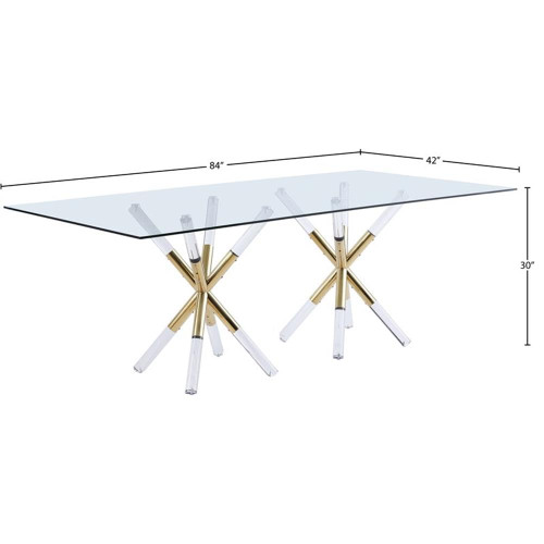 Tempered Glass Top Dining Table with Acrylic and Gold Durable Metal Base, Rectangular