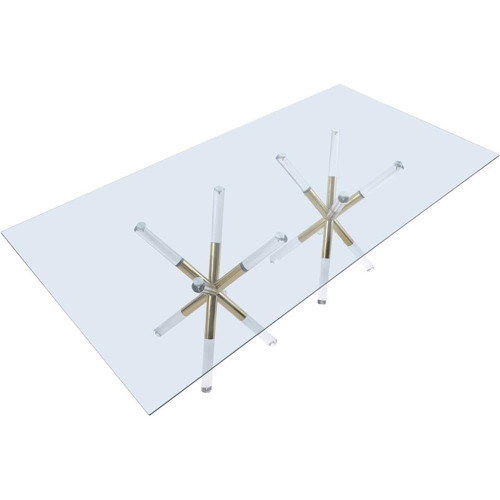 Tempered Glass Top Dining Table with Acrylic and Gold Durable Metal Base, Rectangular