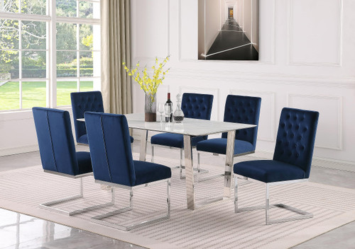 Dining Table with Rich Chrome Stainless Steel, Genuine Stone with Marble Veneer, 64" W x 38" D x 30" H, White