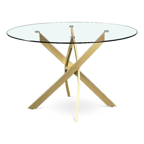 Dining Table with Brushed Gold Metal Base, 48" Round Tempered Glass Top, 10MM Glass Thickness, 48" W x 48" D x 30" H, Gold