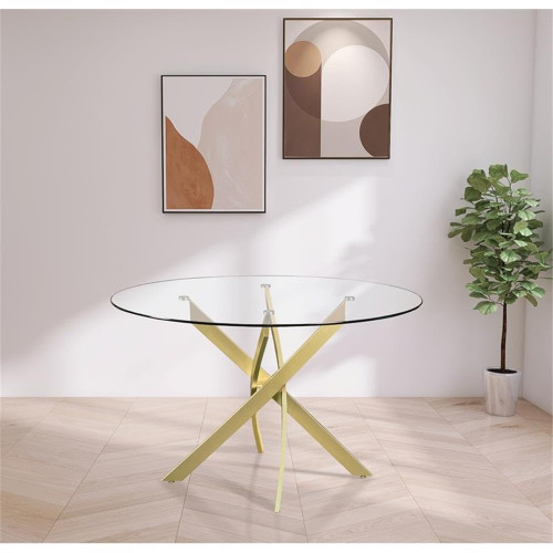 Dining Table with Brushed Gold Metal Base, 48" Round Tempered Glass Top, 10MM Glass Thickness, 48" W x 48" D x 30" H, Gold
