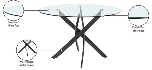 Dining Table with Matte Black Metal Base, 48" Round Tempered Glass Top, 10MM Glass Thickness, 48" W x 48" D x 30" H, Black