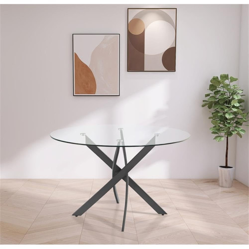 Dining Table with Matte Black Metal Base, 48" Round Tempered Glass Top, 10MM Glass Thickness, 48" W x 48" D x 30" H, Black