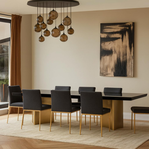 Dining Table, Rich Black Lacquer Top, Brown Wood Grains, Brushed Gold Stainless Steel, 84"/104"/123.5" W x 47.25" D x 30.75" H, Black