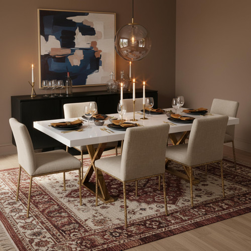 Extendable 2 Leaf Dining Table with Durable Stainless Steel Base, White Lacquer Top, Gold Finish, 84"/123.5" W x 43.25" D x 31" H