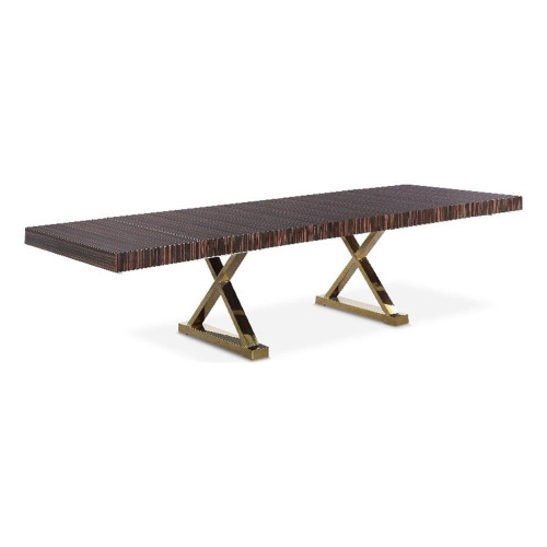 Extendable 2 Leaf Dining Table with Durable Stainless Steel Base, Zebra Wood Lacquer Top, Gold Finish, 84"/123.5" W x 43.25" D x 31" H