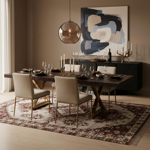 Extendable 2 Leaf Dining Table with Durable Stainless Steel Base, Zebra Wood Lacquer Top, Gold Finish, 84"/123.5" W x 43.25" D x 31" H