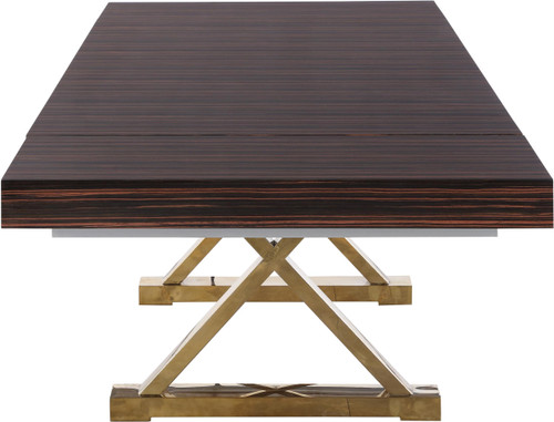 Extendable 2 Leaf Dining Table with Durable Stainless Steel Base, Zebra Wood Lacquer Top, Gold Finish, 84"/123.5" W x 43.25" D x 31" H