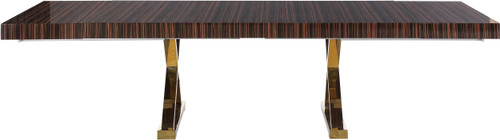 Extendable 2 Leaf Dining Table with Durable Stainless Steel Base, Zebra Wood Lacquer Top, Gold Finish, 84"/123.5" W x 43.25" D x 31" H