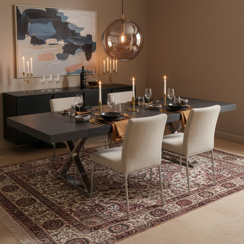 Extendable 2 Leaf Dining Table with Durable Stainless Steel Base, Grey Oak Lacquer Top, Chrome Finish, 84"/123.5" W x 43.25" D x 31" H