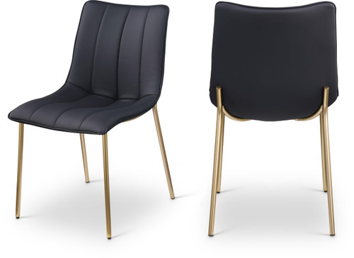 Vegan Leather Upholstered Dining Chair, Brushed Gold Metal, Channel Tuft On Back, 18.5" W x 22.5" D x 33.5" H, Black, Set of 2