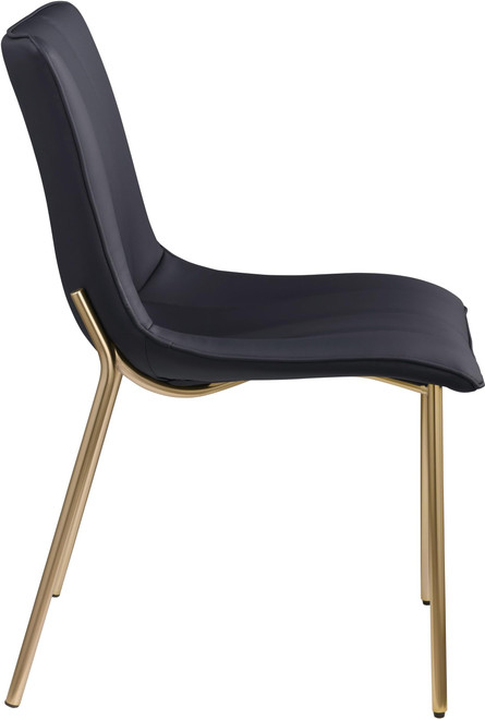 Vegan Leather Upholstered Dining Chair, Brushed Gold Metal, Channel Tuft On Back, 18.5" W x 22.5" D x 33.5" H, Black, Set of 2