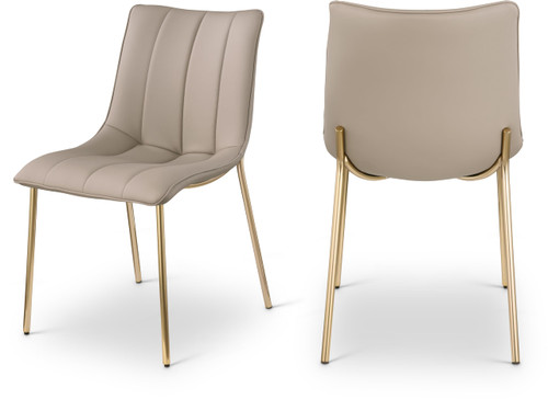 Vegan Leather Upholstered Dining Chair, Brushed Gold Metal, Channel Tuft On Back, 18.5" W x 22.5" D x 33.5" H, Taupe, Set of 2