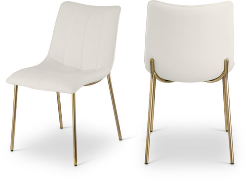 Vegan Leather Upholstered Dining Chair, Brushed Gold Metal, Channel Tuft On Back, 18.5" W x 22.5" D x 33.5" H, Off-White, Set of 2