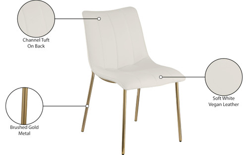 Vegan Leather Upholstered Dining Chair, Brushed Gold Metal, Channel Tuft On Back, 18.5" W x 22.5" D x 33.5" H, Off-White, Set of 2
