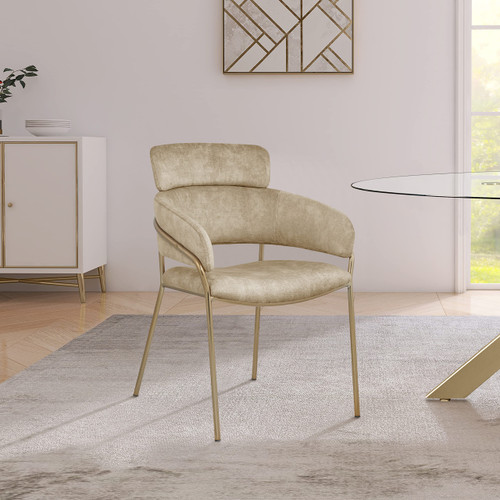 Velvet Upholstered Dining Chair with Brushed Brass Metal Frame, 22.5" W x 25.5" D x 34.5" H, Beige, Set of 2