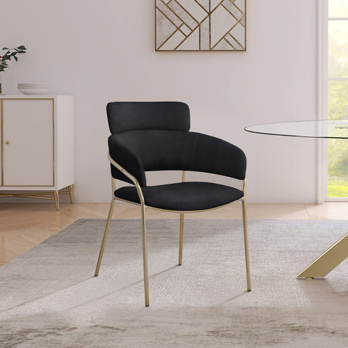 Velvet Upholstered Dining Chair with Brushed Brass Metal Frame, 22.5" W x 25.5" D x 34.5" H, Black, Set of 2
