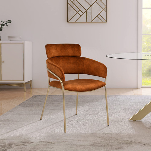 Velvet Upholstered Dining Chair with Brushed Brass Metal Frame, 22.5" W x 25.5" D x 34.5" H, Cognac, Set of 2