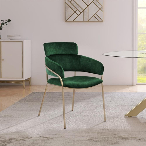 Velvet Upholstered Dining Chair with Brushed Brass Metal Frame, 22.5" W x 25.5" D x 34.5" H, Green, Set of 2