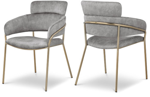 Velvet Upholstered Dining Chair with Brushed Brass Metal Frame, 22.5" W x 25.5" D x 34.5" H, Grey, Set of 2
