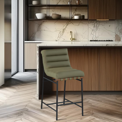 813Olive-C Burke Collection Modern | Contemporary Counter Stool with Soft Olive Green Vegan Leather, Vegan Leather Straps, Matte Black Metal Frame, 18" W x 24" D x 37.5" H, Green