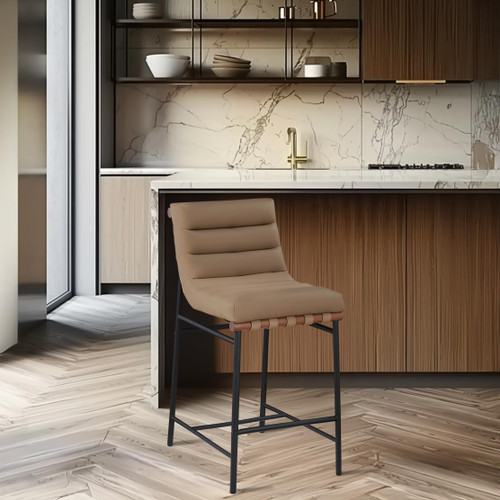 813Tan-C Burke Collection Modern | Contemporary Counter Stool with Soft Vegan Leathe Including Straps, Matte Black Metal Frame, 18" W x 24" D x 37.5" H