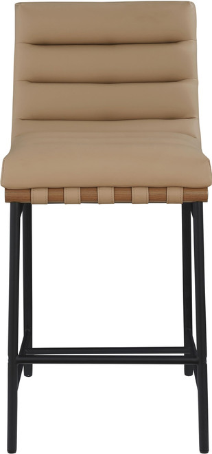813Tan-C Burke Collection Modern | Contemporary Counter Stool with Soft Vegan Leathe Including Straps, Matte Black Metal Frame, 18" W x 24" D x 37.5" H
