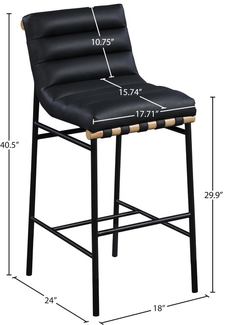 846Black-C Burke Collection Modern | Contemporary Bar Stool with Soft Black Vegan Leather, Matte Black Metal Frame, White Oak Veneer Metal Dowel, 18" W x 24" D x 40.5" H, Black