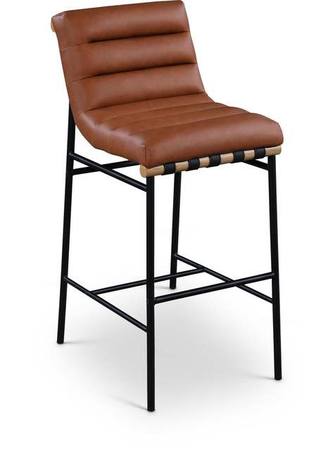 846Cognac-C Burke Collection Modern | Contemporary Bar Stool with Soft Cognac Vegan Leather, Matte Black Metal Frame, White Oak Veneer Metal Dowel, 18" W x 24" D x 40.5" H, Cognac
