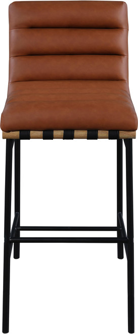846Cognac-C Burke Collection Modern | Contemporary Bar Stool with Soft Cognac Vegan Leather, Matte Black Metal Frame, White Oak Veneer Metal Dowel, 18" W x 24" D x 40.5" H, Cognac