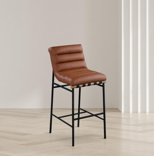 846Cognac-C Burke Collection Modern | Contemporary Bar Stool with Soft Cognac Vegan Leather, Matte Black Metal Frame, White Oak Veneer Metal Dowel, 18" W x 24" D x 40.5" H, Cognac