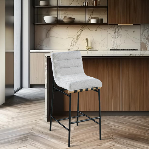 846Cream-C Burke Collection Modern | Contemporary Bar Stool with Rich Cream Boucle Fabric, Matte Black Metal Frame, White Oak Veneer Metal Dowel, 18" W x 24" D x 40.5" H, Cream
