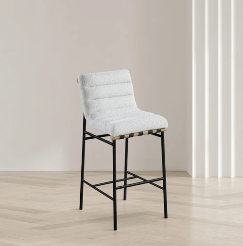 846Cream-C Burke Collection Modern | Contemporary Bar Stool with Rich Cream Boucle Fabric, Matte Black Metal Frame, White Oak Veneer Metal Dowel, 18" W x 24" D x 40.5" H, Cream