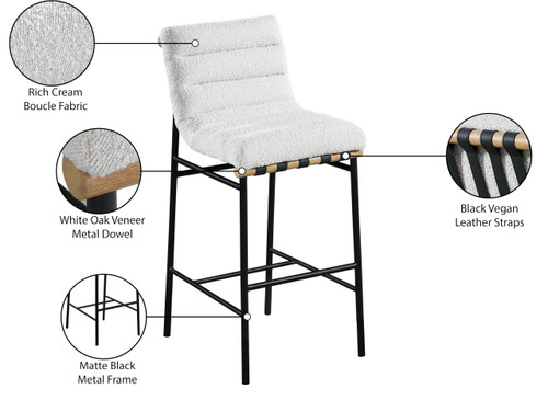 846Cream-C Burke Collection Modern | Contemporary Bar Stool with Rich Cream Boucle Fabric, Matte Black Metal Frame, White Oak Veneer Metal Dowel, 18" W x 24" D x 40.5" H, Cream