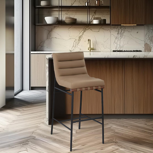 800Tan-C Burke Collection Modern | Contemporary Bar Stool with Soft Tan Vegan Leather, Tan Vegan Leather Straps, Matte Black Metal Frame, 18" W x 24" D x 40.5" H, Tan