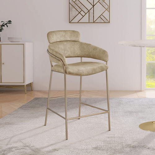 550Beige-C Yara Collection Modern | Contemporary Velvet Upholstered Counter Stool with Brushed Brass Metal Frame, 21.5" W x 22" D x 39" H, Beige