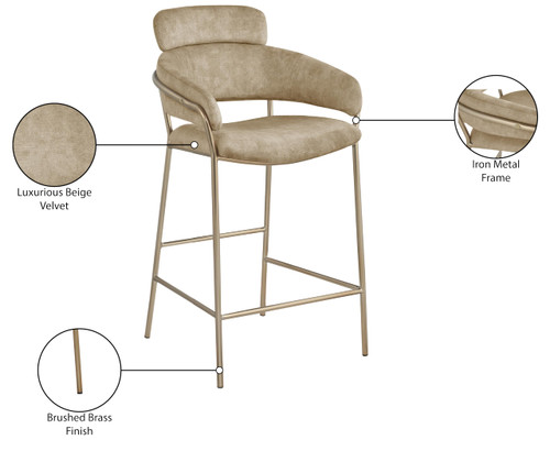 550Beige-C Yara Collection Modern | Contemporary Velvet Upholstered Counter Stool with Brushed Brass Metal Frame, 21.5" W x 22" D x 39" H, Beige