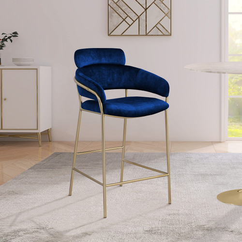 550Navy-C Yara Collection Modern | Contemporary Velvet Upholstered Counter Stool with Brushed Brass Metal Frame, 21.5" W x 22" D x 39" H, Navy