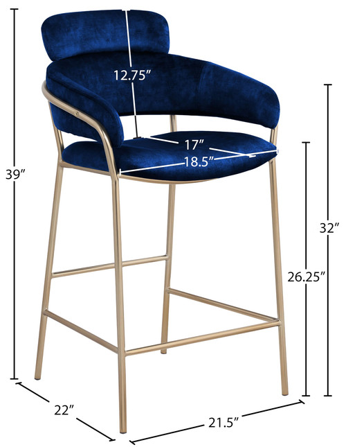 550Navy-C Yara Collection Modern | Contemporary Velvet Upholstered Counter Stool with Brushed Brass Metal Frame, 21.5" W x 22" D x 39" H, Navy